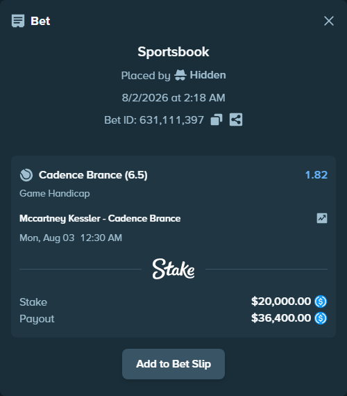 Bet slip: Mccartney Kessler - Cadence Brance, $20,000.00 stake at 1.82 odds, placed by Hidden