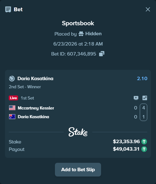 Bet slip: Mccartney Kessler - Daria Kasatkina, $23,377.31 stake at 2.10 odds, placed by Hidden