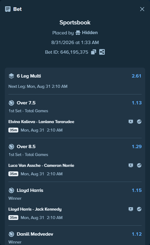Bet slip: Mccartney Kessler - Ekaterina Alexandrova, $50,000.00 stake at 1.11 odds, placed by Hidden