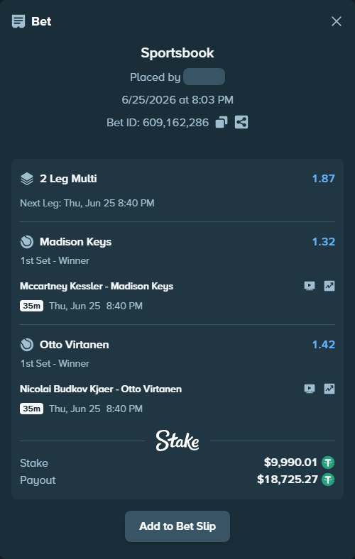 Bet slip: Mccartney Kessler - Madison Keys, $10,000.00 stake at 1.32 odds, placed by Yarmola999