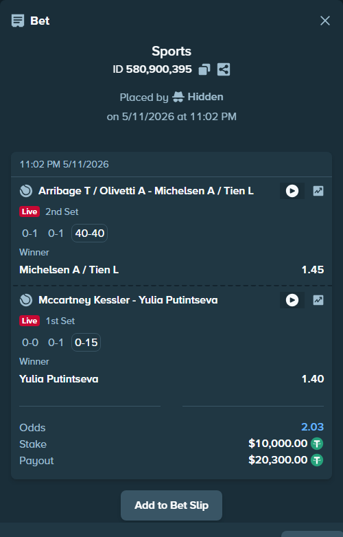 Bet slip: Mccartney Kessler - Yulia Putintseva, $10,000.00 stake at 1.40 odds, placed by Hidden
