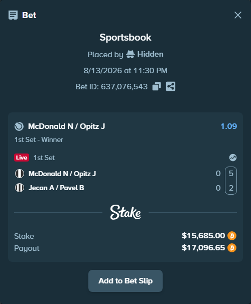 Bet slip: McDonald N / Opitz J - Jecan A / Pavel B, $15,696.11 stake at 1.09 odds, placed by Hidden