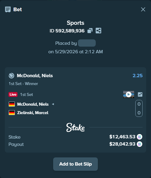 Bet slip: McDonald, Niels - Zielinski, Marcel, $11,217.26 stake at 2.25 odds, placed by Prettylfacko98