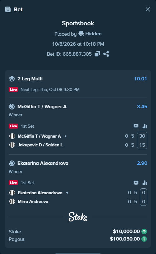 Bet slip: McGiffin T / Wagner A - Jakupovic D / Salden L, $10,000.00 stake at 3.45 odds, placed by Hidden