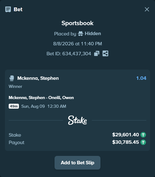 Bet slip: McKenna, Stephen - Oneill, Owen, $29,631.00 stake at 1.04 odds, placed by Hidden