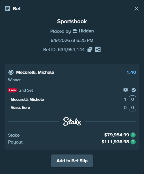 Bet slip: Mecarelli, Michele - Vasa, Eero, $80,034.94 stake at 1.40 odds, placed by Hidden