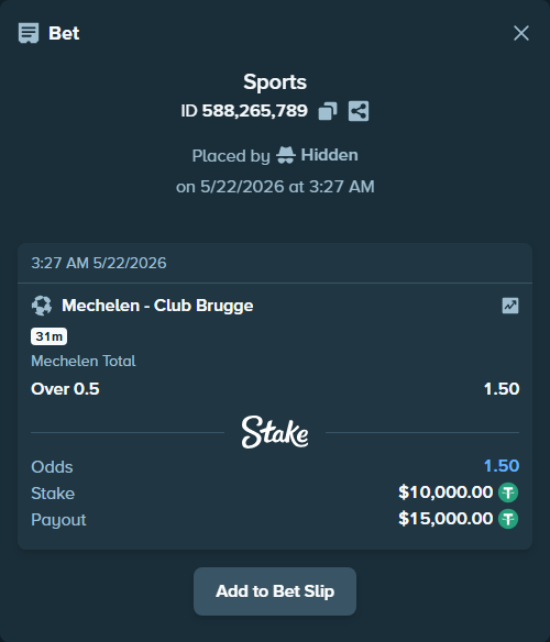 Bet slip: Mechelen - Club Brugge, $10,010.00 stake at 1.50 odds, placed by Hidden