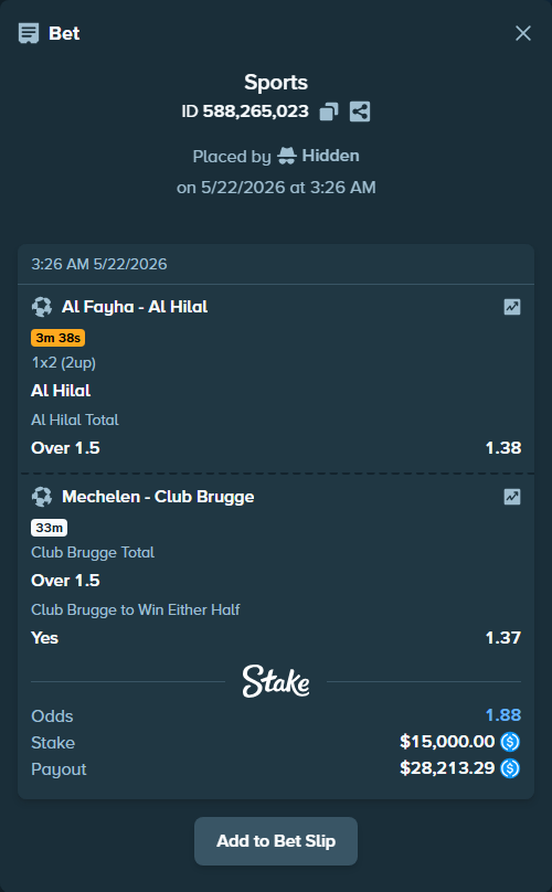 Bet slip: Mechelen - Club Brugge, $15,000.00 stake at 1.30 odds, placed by Hidden