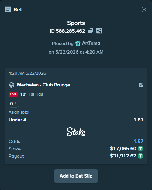 Bet slip: Mechelen - Club Brugge, $17,082.66 stake at 1.87 odds, placed by ArtTema