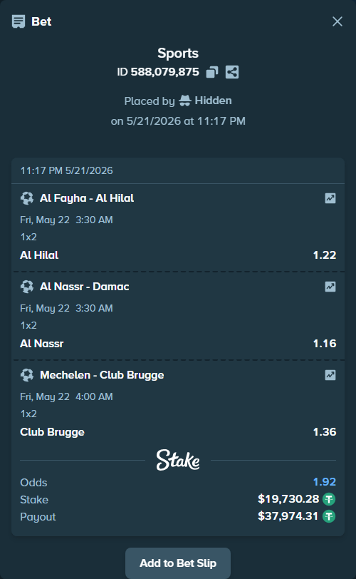 Bet slip: Mechelen - Club Brugge, $19,750.01 stake at 1.36 odds, placed by Hidden
