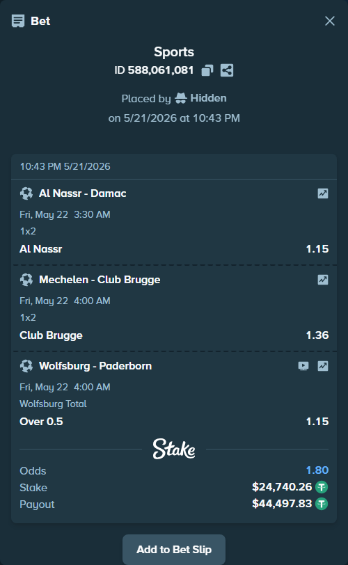 Bet slip: Mechelen - Club Brugge, $24,765.00 stake at 1.36 odds, placed by Hidden
