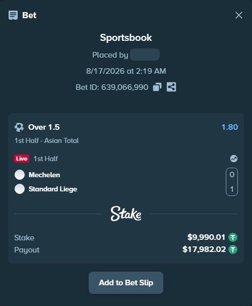 Bet slip: Mechelen - Standard Liege, $10,000.00 stake at 1.80 odds, placed by tlwns4736