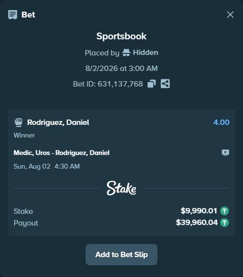 Bet slip: Medic, Uros - Rodriguez, Daniel, $10,000.00 stake at 4.00 odds, placed by Hidden