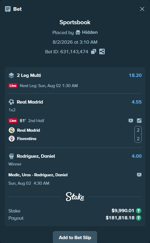 Bet slip: Medic, Uros - Rodriguez, Daniel, $10,000.00 stake at 4.00 odds, placed by Hidden