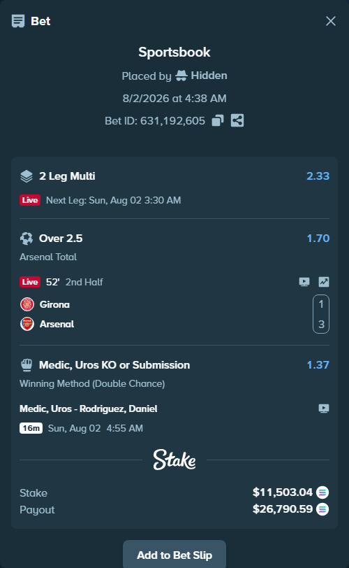 Bet slip: Medic, Uros - Rodriguez, Daniel, $11,794.92 stake at 1.37 odds, placed by Hidden