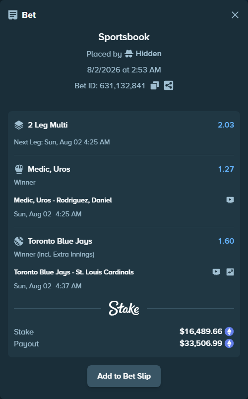 Bet slip: Medic, Uros - Rodriguez, Daniel, $16,837.04 stake at 1.27 odds, placed by Hidden