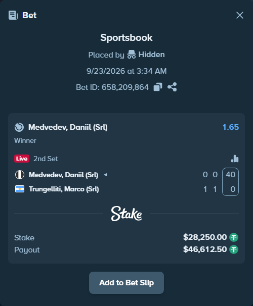 Bet slip: Medvedev, Daniil (Srl) - Trungelliti, Marco (Srl), $28,250.00 stake at 1.65 odds, placed by Hidden