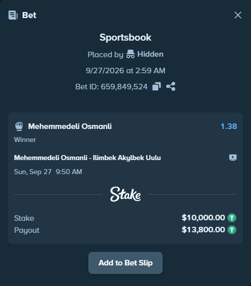 Bet slip: Mehemmedeli Osmanli - Ilimbek Akylbek Uulu, $10,000.00 stake at 1.38 odds, placed by mathiasjuel