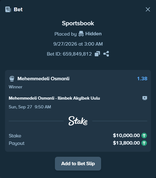 Bet slip: Mehemmedeli Osmanli - Ilimbek Akylbek Uulu, $10,000.00 stake at 1.38 odds, placed by mathiasjuel