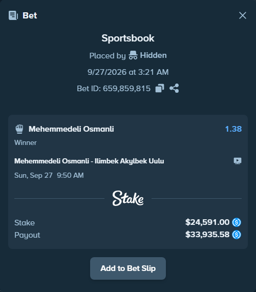 Bet slip: Mehemmedeli Osmanli - Ilimbek Akylbek Uulu, $24,591.00 stake at 1.38 odds, placed by frodeand