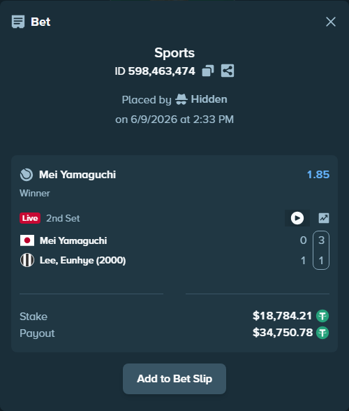 Bet slip: Mei Yamaguchi - Lee, Eunhye (2000), $18,784.21 stake at 1.85 odds, placed by Hidden
