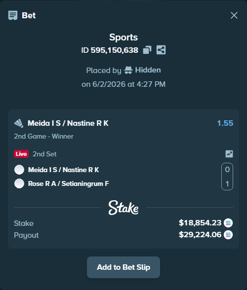 Bet slip: Meida I S / Nastine R K - Rose R A / Setianingrum F, $17,425.68 stake at 1.55 odds, placed by Hidden