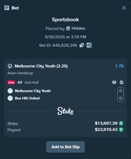 Bet slip: Melbourne City Youth - Box Hill United, $13,697.39 stake at 1.75 odds, placed by Hidden
