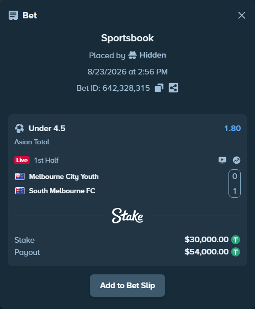 Bet slip: Melbourne City Youth - South Melbourne FC, $30,000.00 stake at 1.80 odds, placed by Hidden