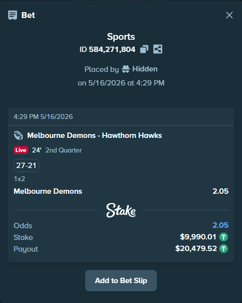 Bet slip: Melbourne Demons - Hawthorn Hawks, $10,000.00 stake at 2.05 odds, placed by Hidden