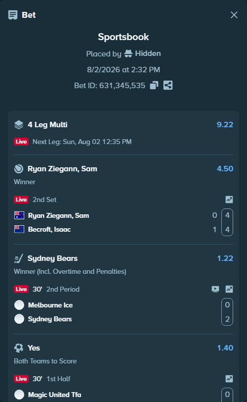 Bet slip: Melbourne Ice - Sydney Bears, $10,000.00 stake at 1.22 odds, placed by Hidden