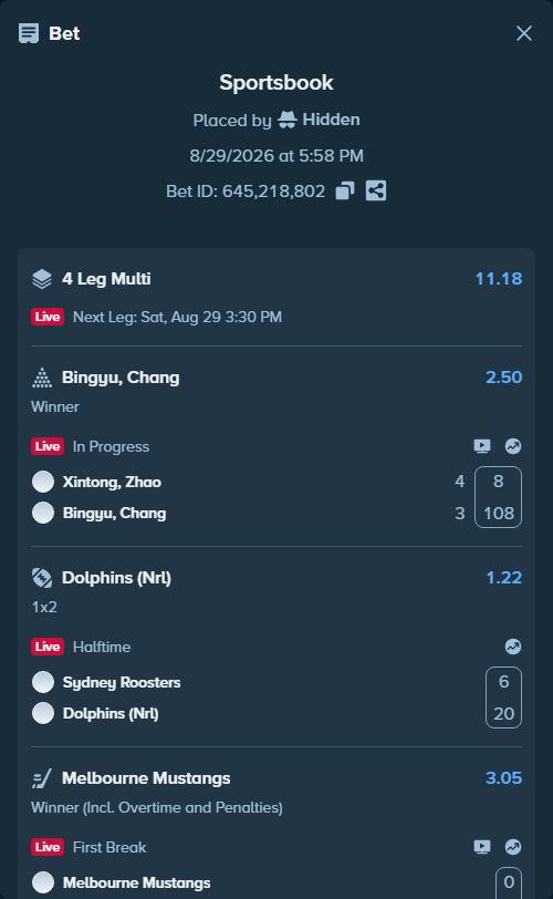 Bet slip: Melbourne Mustangs - Canberra Brave, $10,000.00 stake at 3.05 odds, placed by Hidden