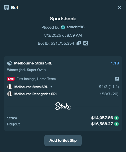 Bet slip: Melbourne Stars SRL - Melbourne Renegades SRL, $14,071.92 stake at 1.18 odds, placed by sanchit86