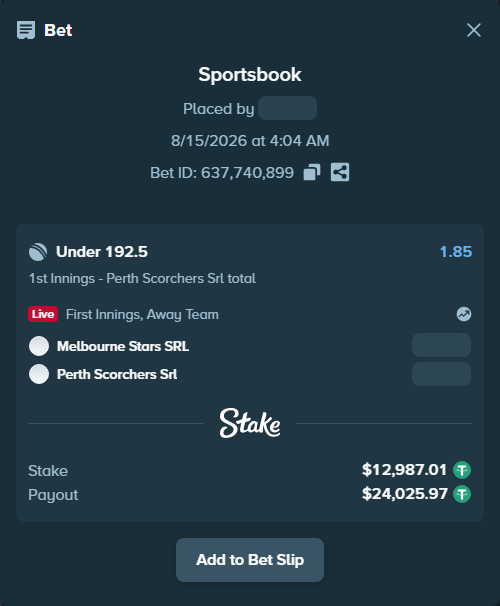Bet slip: Melbourne Stars SRL - Perth Scorchers SRL, $13,000.00 stake at 1.85 odds, placed by Randy007799