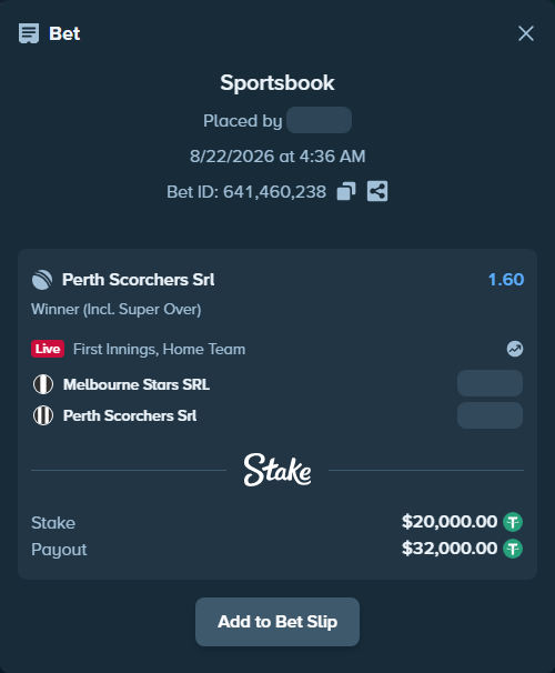 Bet slip: Melbourne Stars SRL - Perth Scorchers SRL, $20,000.00 stake at 1.60 odds, placed by riaggo1
