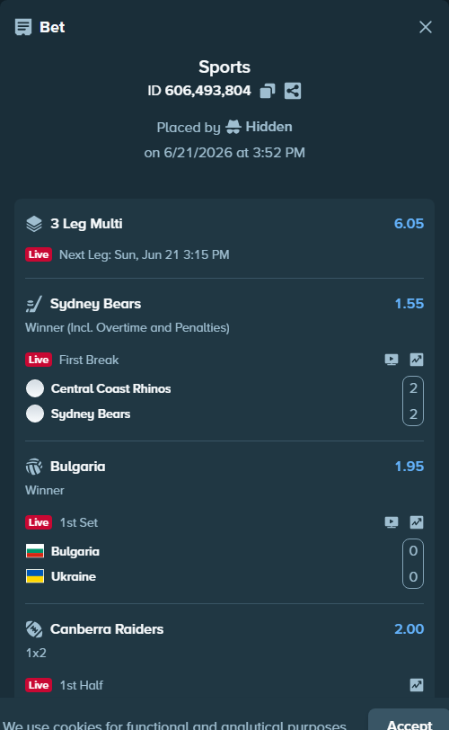 Bet slip: Melbourne Storm - Canberra Raiders, $10,000.00 stake at 2.00 odds, placed by Hidden