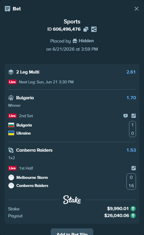 Bet slip: Melbourne Storm - Canberra Raiders, $10,000.00 stake at 1.53 odds, placed by Hidden