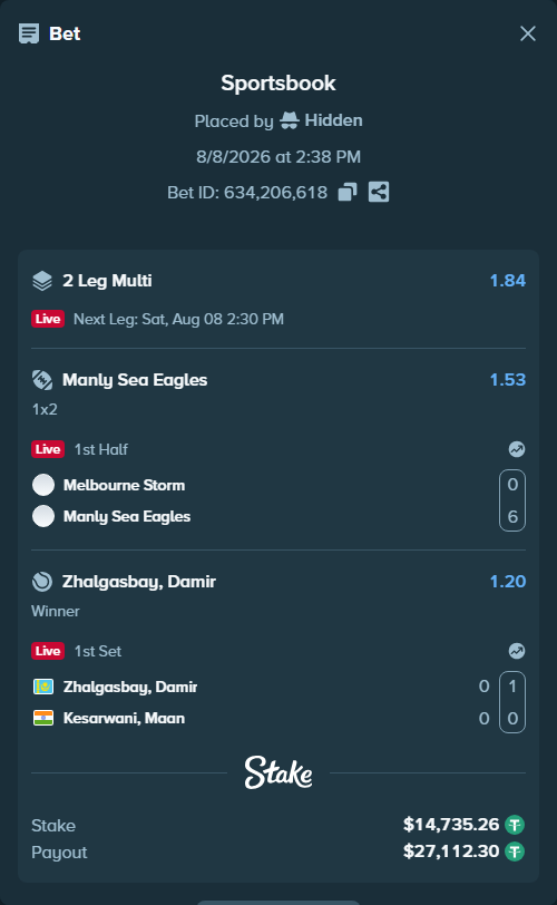 Bet slip: Melbourne Storm - Manly Sea Eagles, $14,750.00 stake at 1.53 odds, placed by Hidden