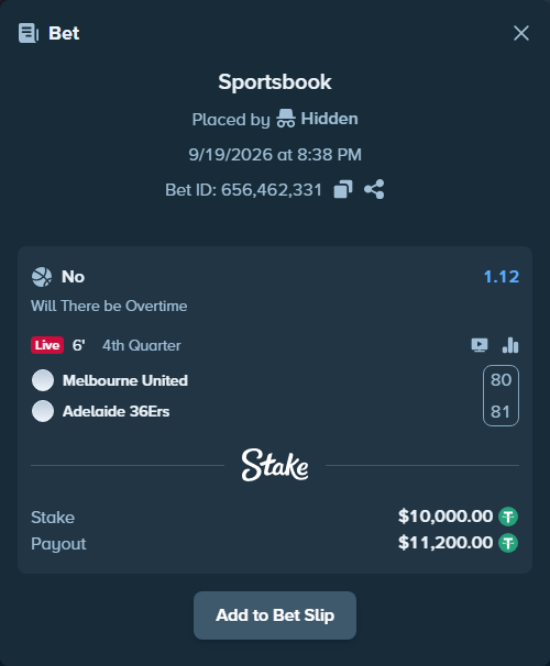 Bet slip: Melbourne United - Adelaide 36ers, $10,000.00 stake at 1.12 odds, placed by Hidden