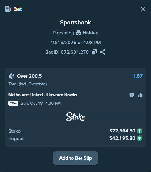 Bet slip: Melbourne United - Illawarra Hawks, $22,587.16 stake at 1.87 odds, placed by Hidden