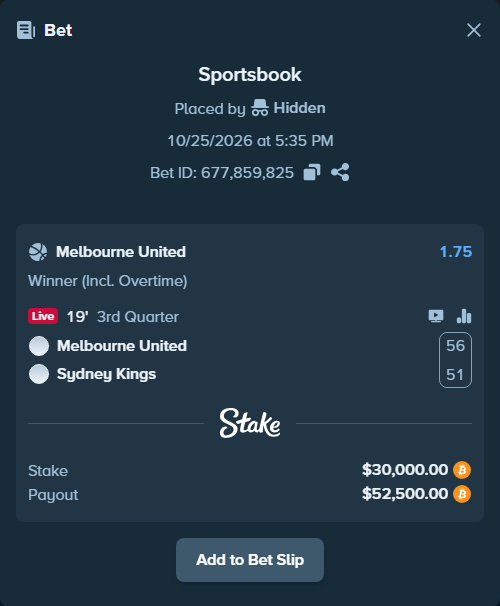 Bet slip: Melbourne United - Sydney Kings, $30,054.17 stake at 1.75 odds, placed by Hidden