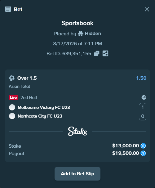 Bet slip: Melbourne Victory FC - Northcote City FC, $13,000.00 stake at 1.50 odds, placed by Hidden