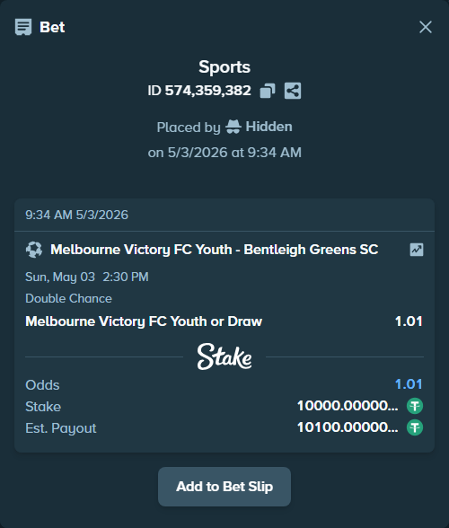 Bet slip: Melbourne Victory FC Youth - Bentleigh Greens SC, $10,000.00 stake at 1.01 odds, placed by Hidden