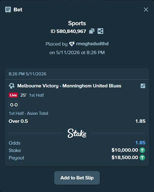 Bet slip: Melbourne Victory - Manningham United Blues, $10,000.00 stake at 1.85 odds, placed by rmaghsdudthd
