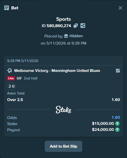 Bet slip: Melbourne Victory - Manningham United Blues, $15,000.00 stake at 1.60 odds, placed by Hidden