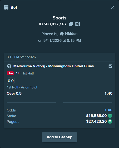 Bet slip: Melbourne Victory - Manningham United Blues, $19,588.00 stake at 1.40 odds, placed by Hidden
