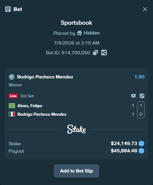 Bet slip: Meligeni Alves, Felipe - Rodrigo Pacheco Mendez, $24,149.73 stake at 1.90 odds, placed by Hidden