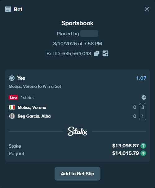 Bet slip: Meliss, Verena - Rey Garcia, Alba, $13,111.97 stake at 1.07 odds, placed by RyazheniyPetuh