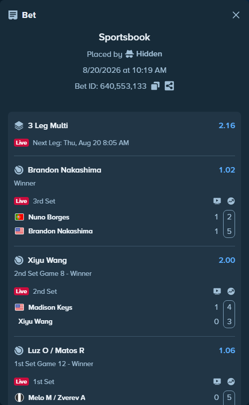 Bet slip: Melo M / Zverev A - Luz O / Matos R, $13,500.00 stake at 1.06 odds, placed by Hidden