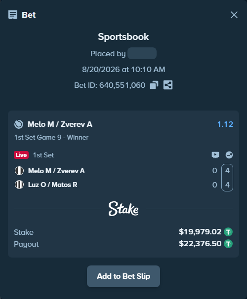 Bet slip: Melo M / Zverev A - Luz O / Matos R, $19,999.00 stake at 1.12 odds, placed by DooDLeZ1love