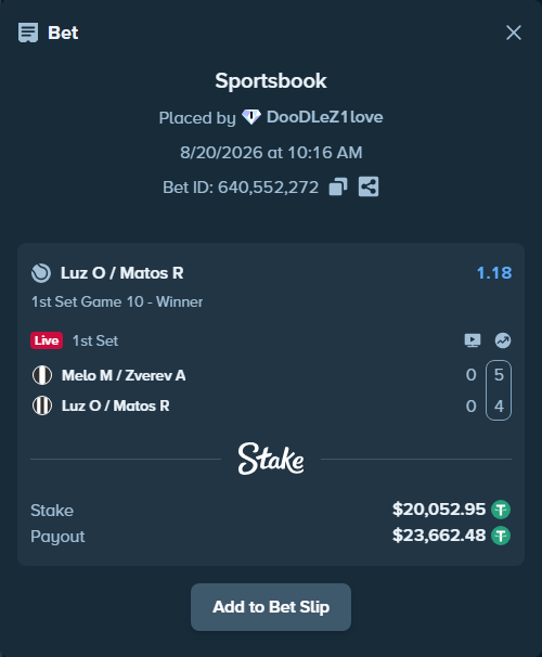 Bet slip: Melo M / Zverev A - Luz O / Matos R, $20,073.00 stake at 1.18 odds, placed by DooDLeZ1love